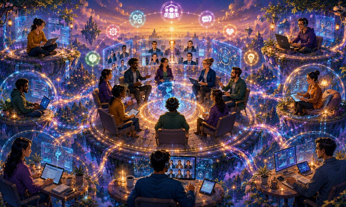 A diverse group of remote leaders and team members connects through laptops, tablets, and virtual meeting platforms within a vibrant digital network of glowing circles and interconnected pathways. At the center, participants gather in a collaborative leadership circle surrounded by communication icons, mentorship symbols, and shared learning spaces. The luminous scene represents virtual leadership circles, peer learning, knowledge sharing, mentorship, collaborative leadership development, and the strengthening of leadership skills through meaningful connection and support in remote teams.