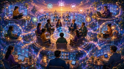 A diverse group of remote leaders and team members connects through laptops, tablets, and virtual meeting platforms within a vibrant digital network of glowing circles and interconnected pathways. At the center, participants gather in a collaborative leadership circle surrounded by communication icons, mentorship symbols, and shared learning spaces. The luminous scene represents virtual leadership circles, peer learning, knowledge sharing, mentorship, collaborative leadership development, and the strengthening of leadership skills through meaningful connection and support in remote teams.