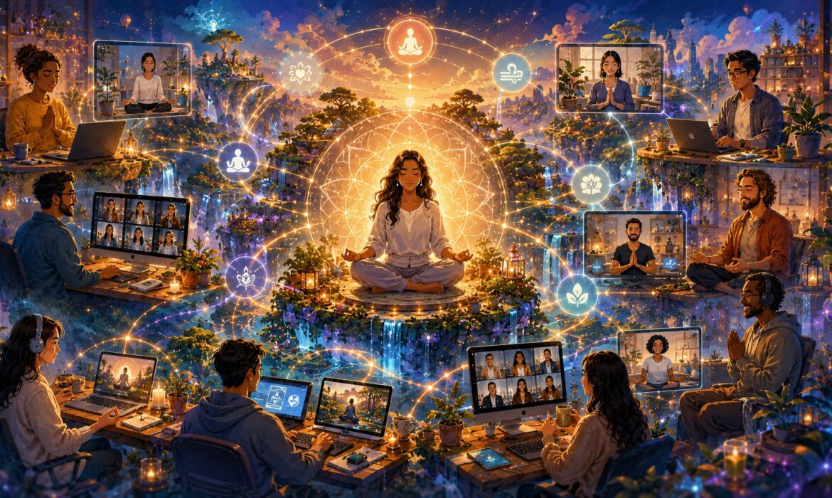 A diverse group of remote team members connects through laptops, tablets, and virtual meeting platforms within a radiant digital world centered around a meditating figure surrounded by a glowing aura. Luminous pathways, wellness icons, video call screens, and interconnected networks link participants across the scene, creating a vibrant atmosphere of mindfulness, collaboration, and human connection. The illustration symbolizes virtual meditation, remote wellness practices, emotional well-being, stress reduction, team engagement, and the cultivation of a calm, supportive virtual work culture through meaningful online interactions.