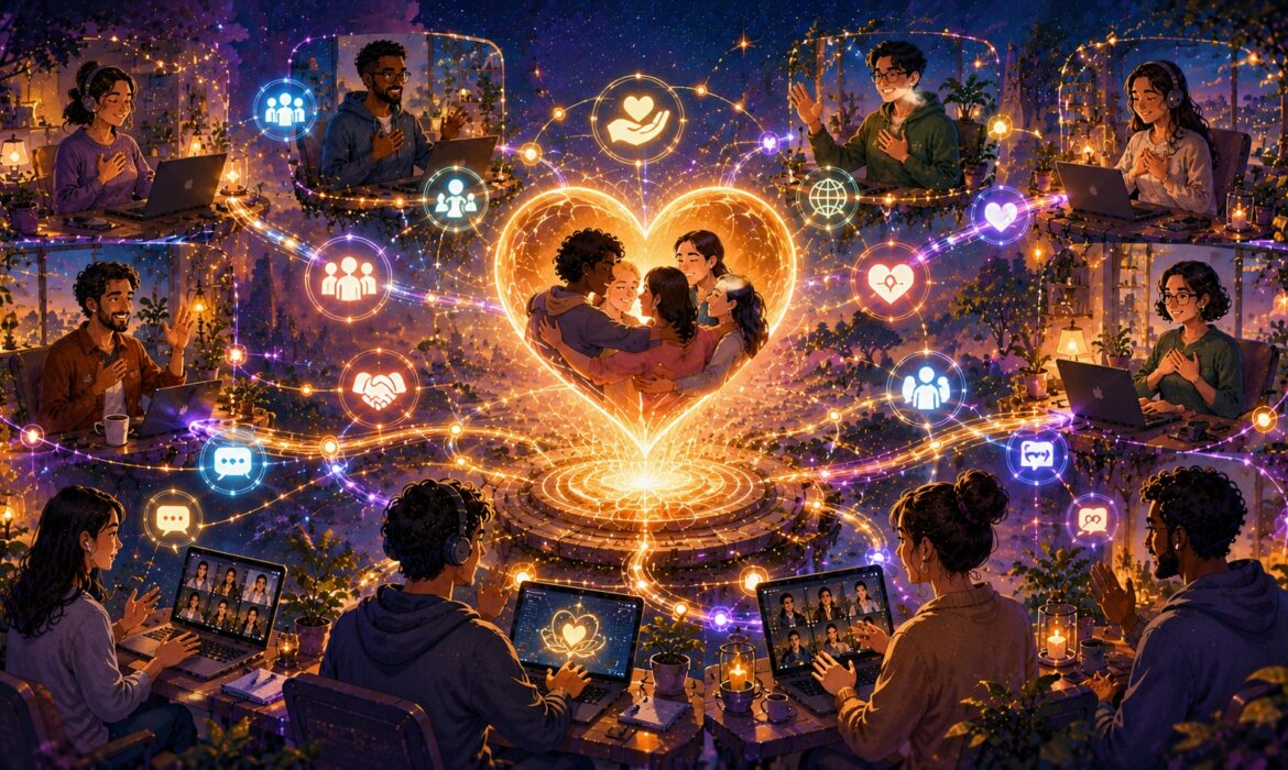 A diverse group of remote team members connects through laptops, tablets, and virtual meeting platforms within a vibrant digital network centered around a glowing heart formed by interconnected human silhouettes. Luminous pathways, communication symbols, wellness icons, and video call screens link participants across the scene, creating an atmosphere of empathy, trust, and meaningful connection. The illustration symbolizes building empathy in virtual teams, emotional intelligence, remote collaboration, supportive communication, team bonding, and stronger relationships through shared online experiences and understanding different perspectives.