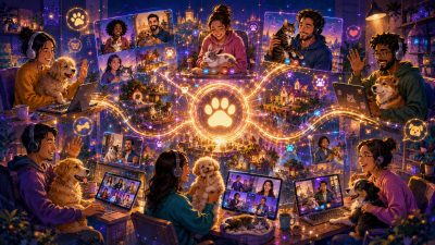 A diverse group of remote team members participates in a virtual pet show-and-tell through laptops, tablets, and video calls, surrounded by glowing images of dogs, cats, and other companion animals. A radiant paw print at the center connects participants with luminous pathways, pet-themed icons, and playful digital interactions, symbolizing virtual pet activities, remote team bonding, online social engagement, workplace community, and stronger relationships through fun, pet-friendly virtual team-building experiences.